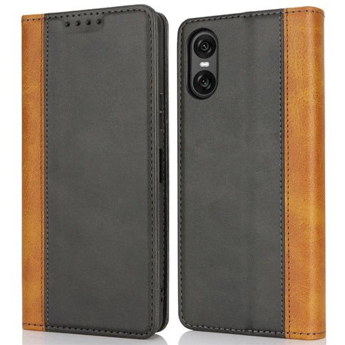 For Sony Xperia 10 VI Case Calf Texture 3 Card Slots Color Splicing Leather Phone Cover - Black+Yellow - 1