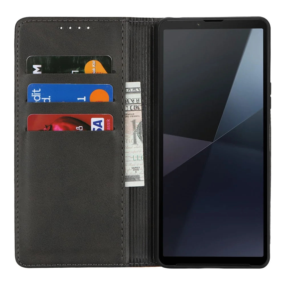For Sony Xperia 10 VI Case Calf Texture 3 Card Slots Color Splicing Leather Phone Cover - Black+Yellow - 2