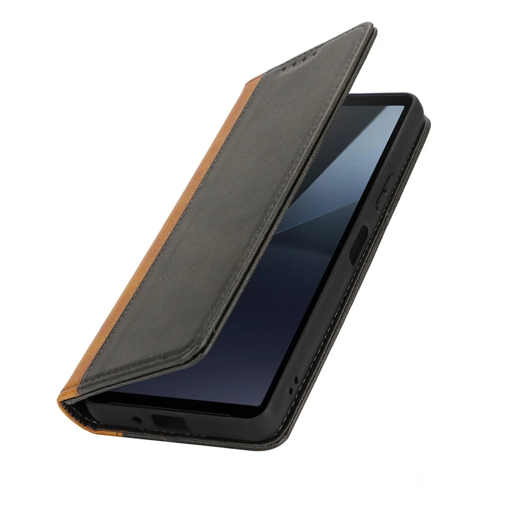 For Sony Xperia 10 VI Case Calf Texture 3 Card Slots Color Splicing Leather Phone Cover - Black+Yellow - 4
