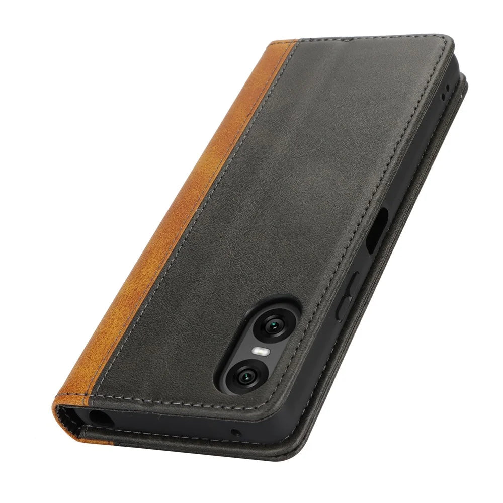 For Sony Xperia 10 VI Case Calf Texture 3 Card Slots Color Splicing Leather Phone Cover - Black+Yellow - 5