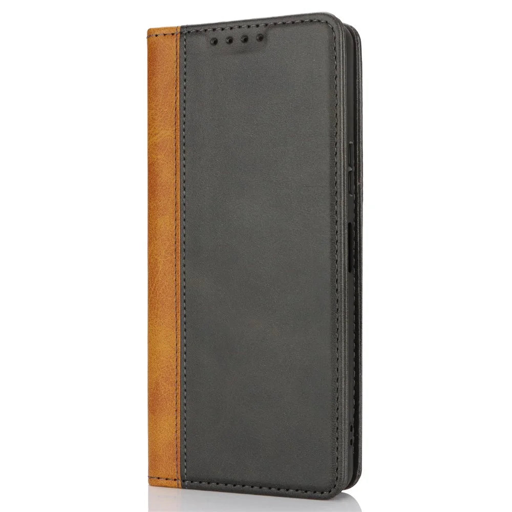 For Sony Xperia 10 VI Case Calf Texture 3 Card Slots Color Splicing Leather Phone Cover - Black+Yellow - 7