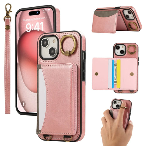For iPhone 14 PU Leather Back Case Card Holder Kickstand Phone Cover with Wrist Strap - Pink - 1