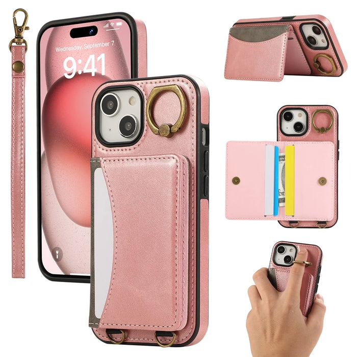 For iPhone 14 PU Leather Back Case Card Holder Kickstand Phone Cover with Wrist Strap - Pink - 1