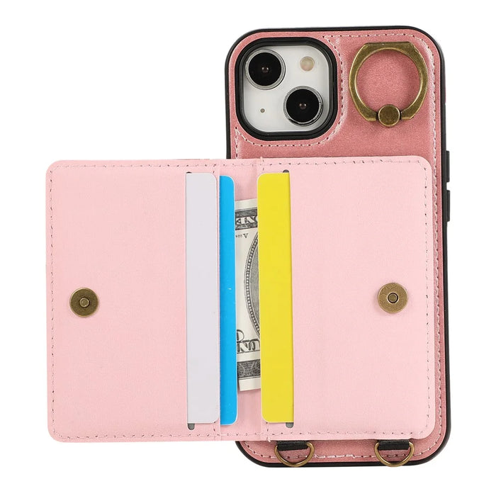 For iPhone 14 PU Leather Back Case Card Holder Kickstand Phone Cover with Wrist Strap - Pink - 2