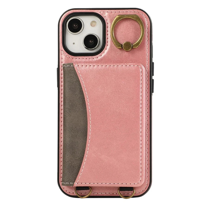 For iPhone 14 PU Leather Back Case Card Holder Kickstand Phone Cover with Wrist Strap - Pink - 5