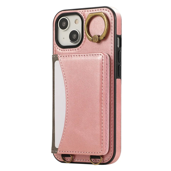 For iPhone 14 PU Leather Back Case Card Holder Kickstand Phone Cover with Wrist Strap - Pink - 6