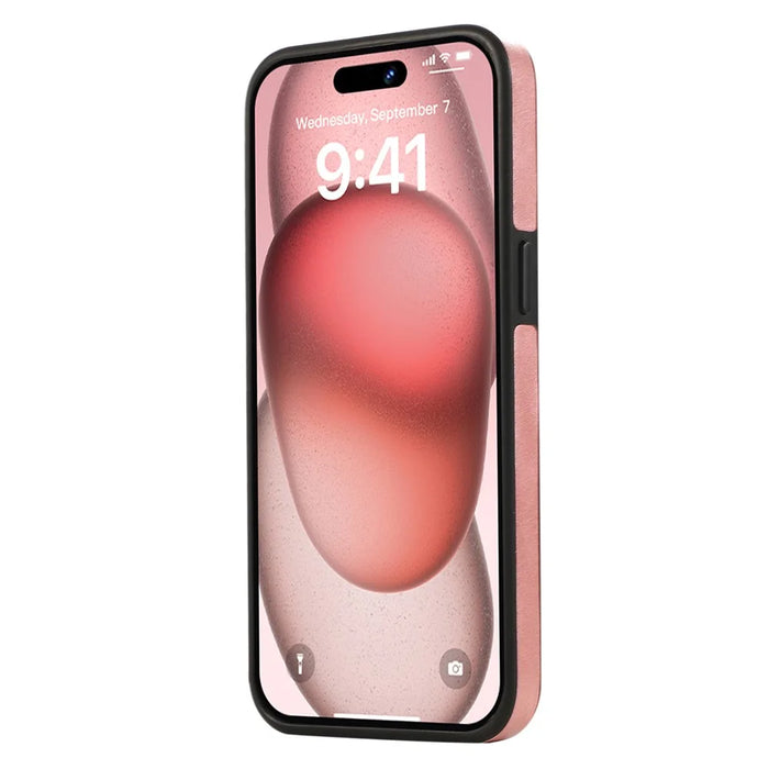 For iPhone 14 PU Leather Back Case Card Holder Kickstand Phone Cover with Wrist Strap - Pink - 7