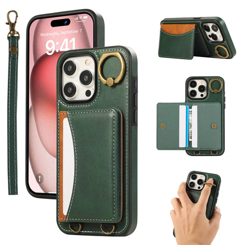 For iPhone 15 Pro PU Leather Back Case Card Holder Kickstand Phone Cover with Wrist Strap - Green - 1