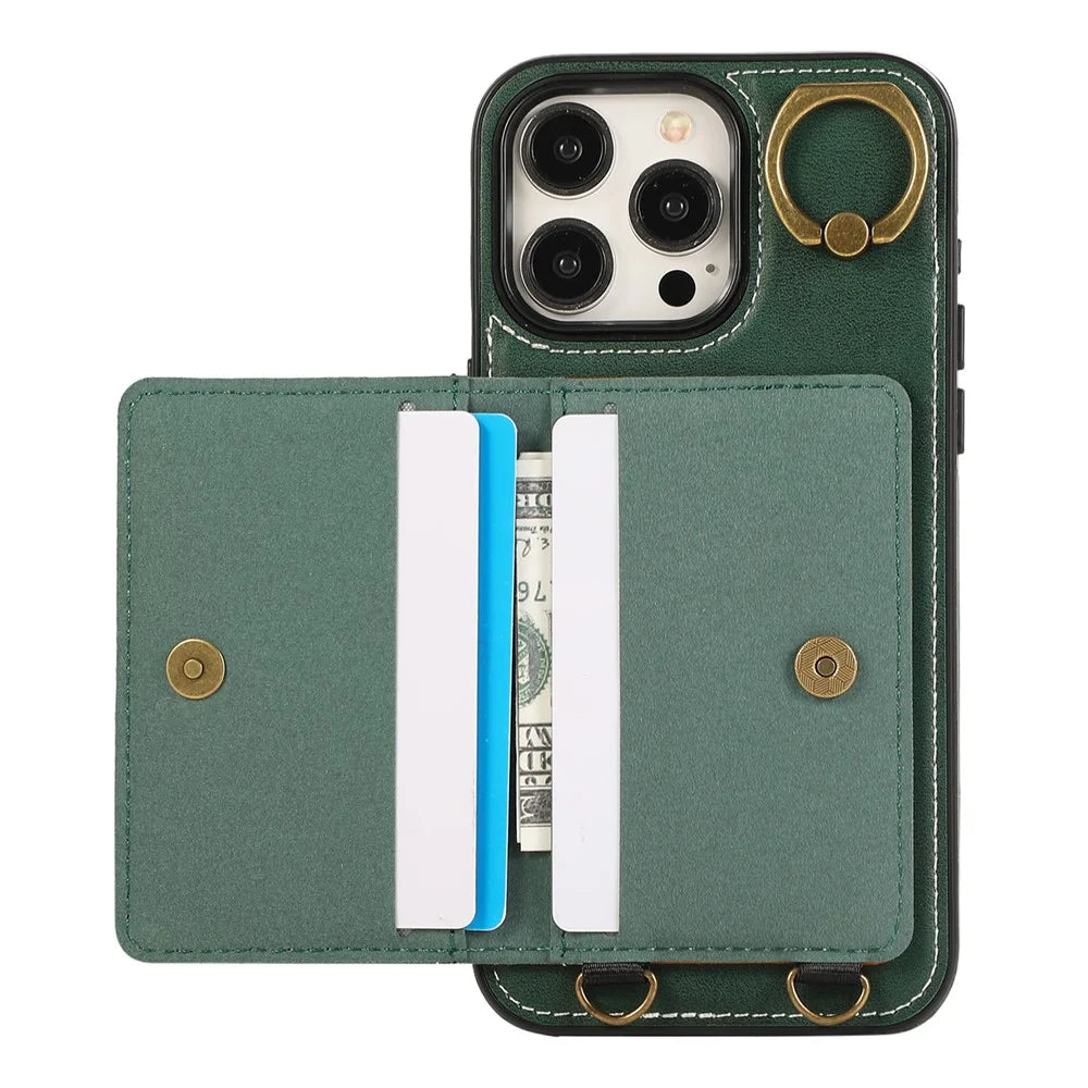 For iPhone 15 Pro PU Leather Back Case Card Holder Kickstand Phone Cover with Wrist Strap - Green - 2