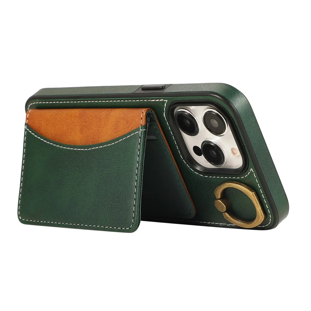 For iPhone 15 Pro PU Leather Back Case Card Holder Kickstand Phone Cover with Wrist Strap - Green - 3