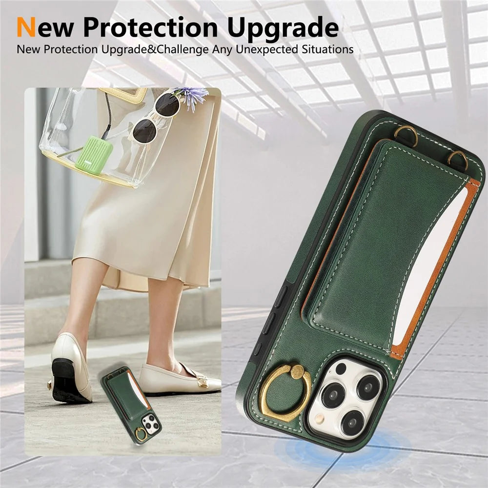 For iPhone 15 Pro PU Leather Back Case Card Holder Kickstand Phone Cover with Wrist Strap - Green - 5