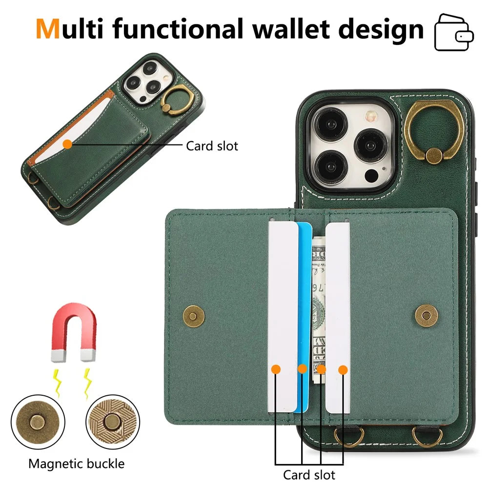 For iPhone 15 Pro PU Leather Back Case Card Holder Kickstand Phone Cover with Wrist Strap - Green - 7