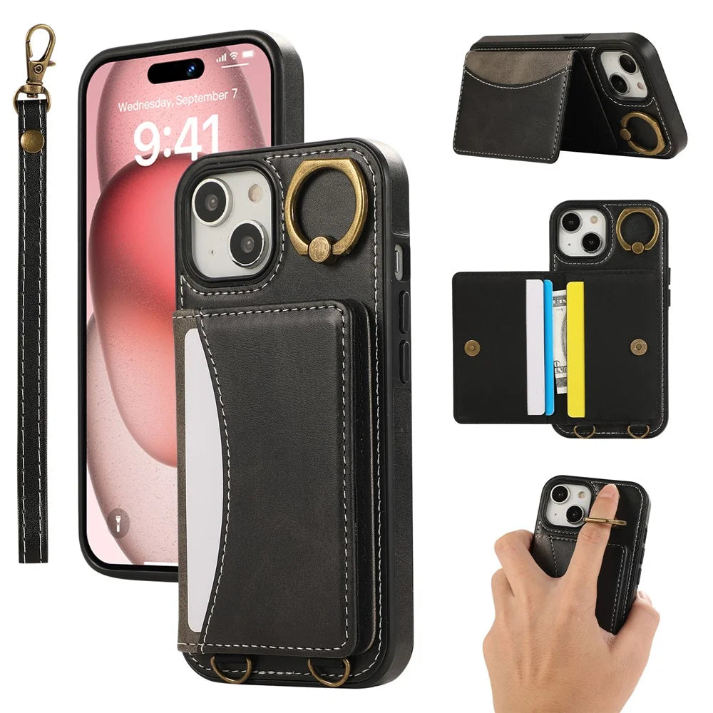 For iPhone 15 PU Leather Back Case Card Holder Kickstand Phone Cover with Wrist Strap - Black - 1