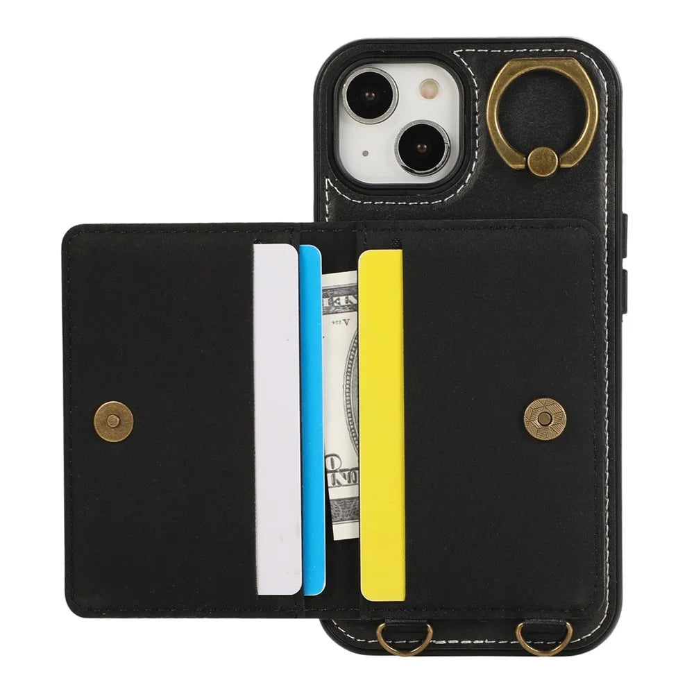 For iPhone 15 PU Leather Back Case Card Holder Kickstand Phone Cover with Wrist Strap - Black - 2