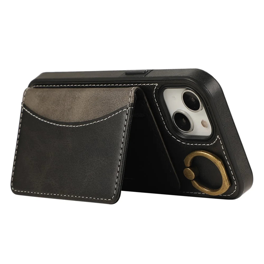 For iPhone 15 PU Leather Back Case Card Holder Kickstand Phone Cover with Wrist Strap - Black - 3