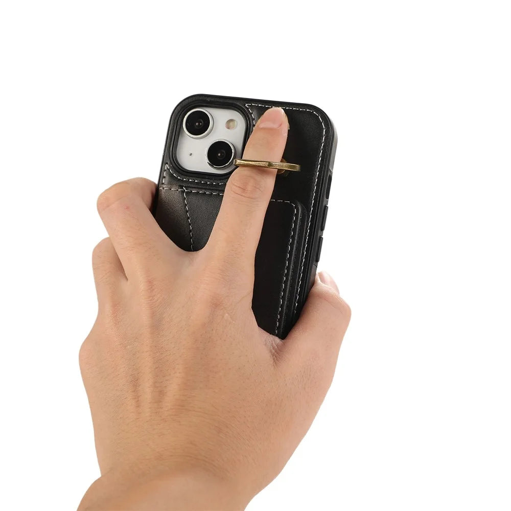 For iPhone 15 PU Leather Back Case Card Holder Kickstand Phone Cover with Wrist Strap - Black - 4