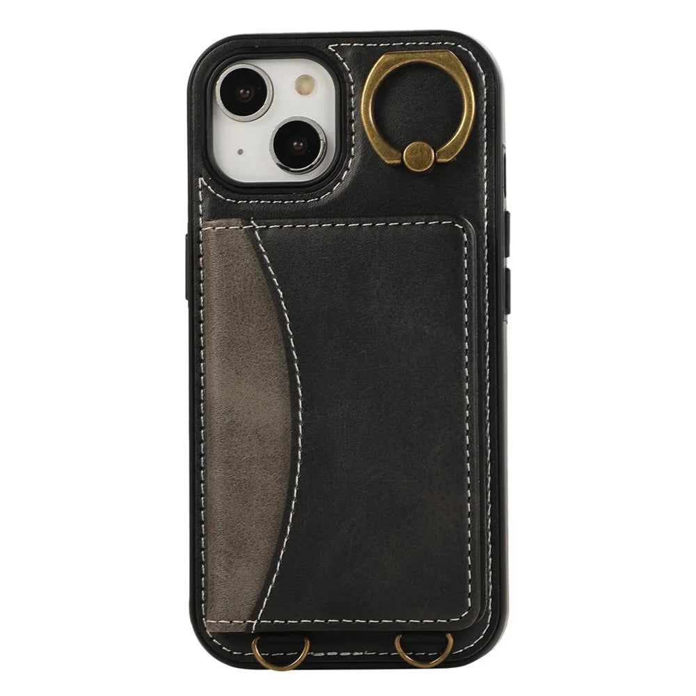 For iPhone 15 PU Leather Back Case Card Holder Kickstand Phone Cover with Wrist Strap - Black - 5