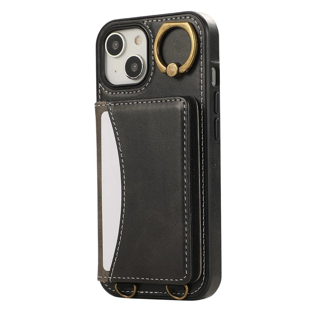 For iPhone 15 PU Leather Back Case Card Holder Kickstand Phone Cover with Wrist Strap - Black - 6