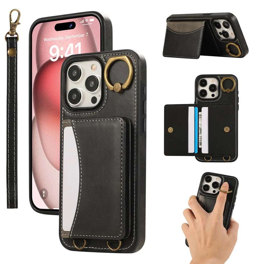 For iPhone 14 Pro Max PU Leather Back Case Card Holder Kickstand Phone Cover with Wrist Strap - Black - 1