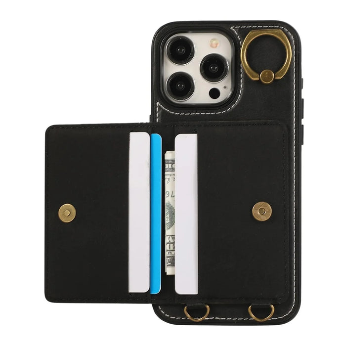 For iPhone 14 Pro Max PU Leather Back Case Card Holder Kickstand Phone Cover with Wrist Strap - Black - 2