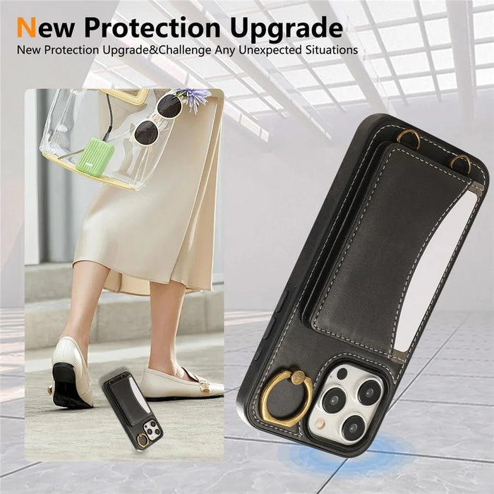 For iPhone 14 Pro Max PU Leather Back Case Card Holder Kickstand Phone Cover with Wrist Strap - Black - 5