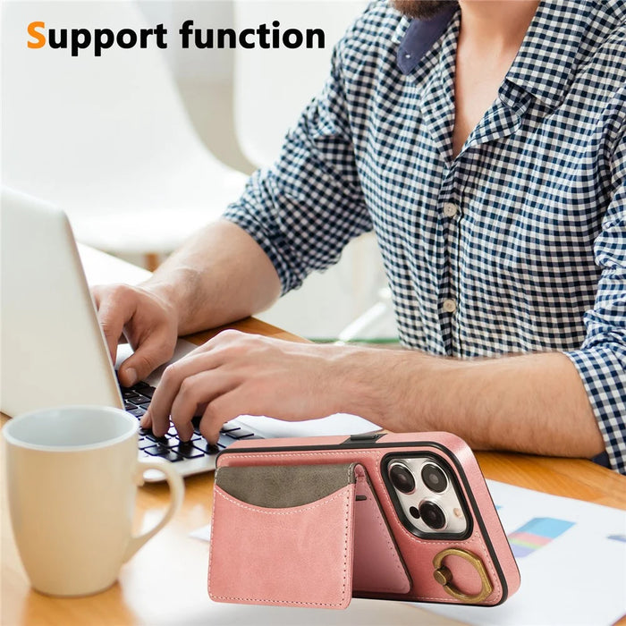 For iPhone 14 Pro Max PU Leather Back Case Card Holder Kickstand Phone Cover with Wrist Strap - Black - 6