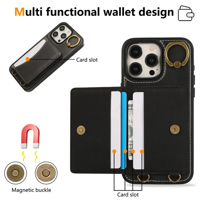 For iPhone 14 Pro Max PU Leather Back Case Card Holder Kickstand Phone Cover with Wrist Strap - Black - 7