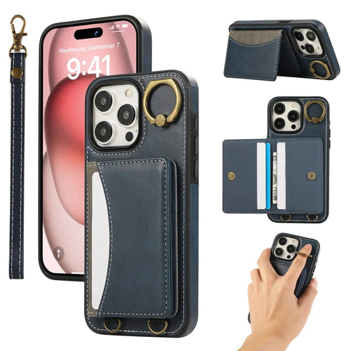 For iPhone 14 Pro PU Leather Back Case Card Holder Kickstand Phone Cover with Wrist Strap - Blue - 1