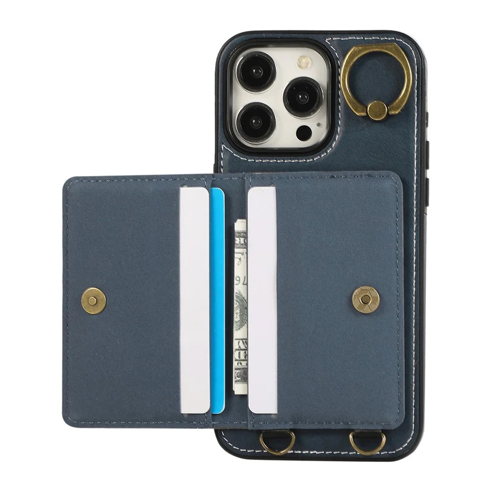 For iPhone 14 Pro PU Leather Back Case Card Holder Kickstand Phone Cover with Wrist Strap - Blue - 2