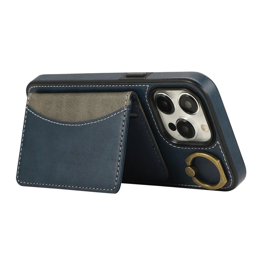 For iPhone 14 Pro PU Leather Back Case Card Holder Kickstand Phone Cover with Wrist Strap - Blue - 3