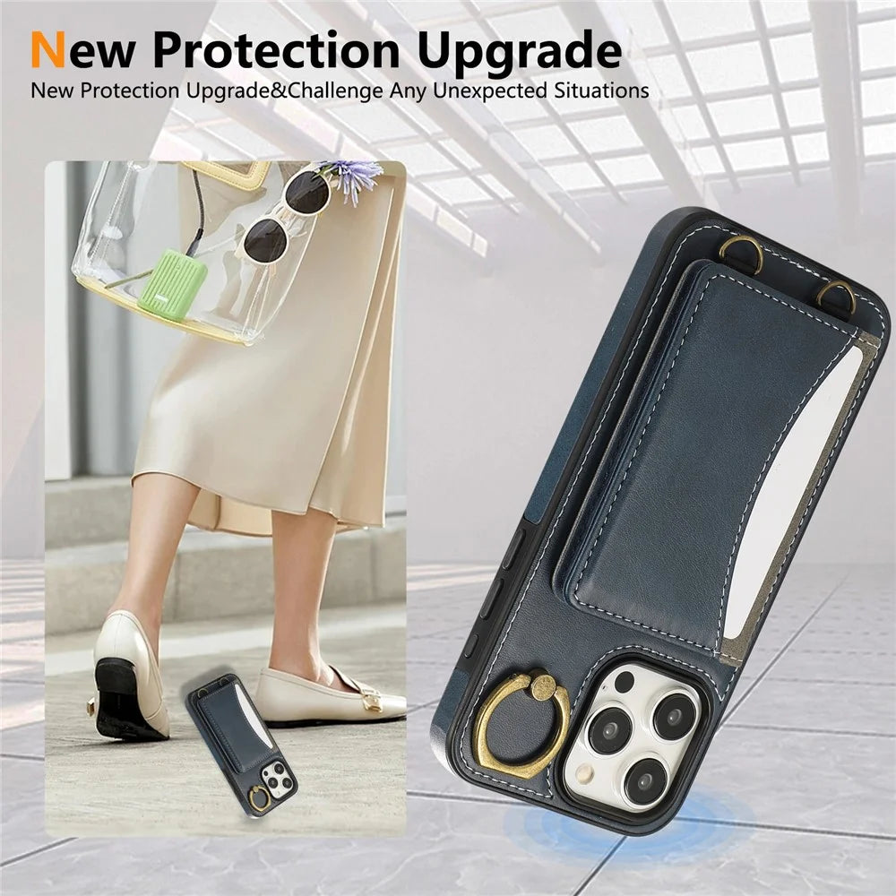 For iPhone 14 Pro PU Leather Back Case Card Holder Kickstand Phone Cover with Wrist Strap - Blue - 5