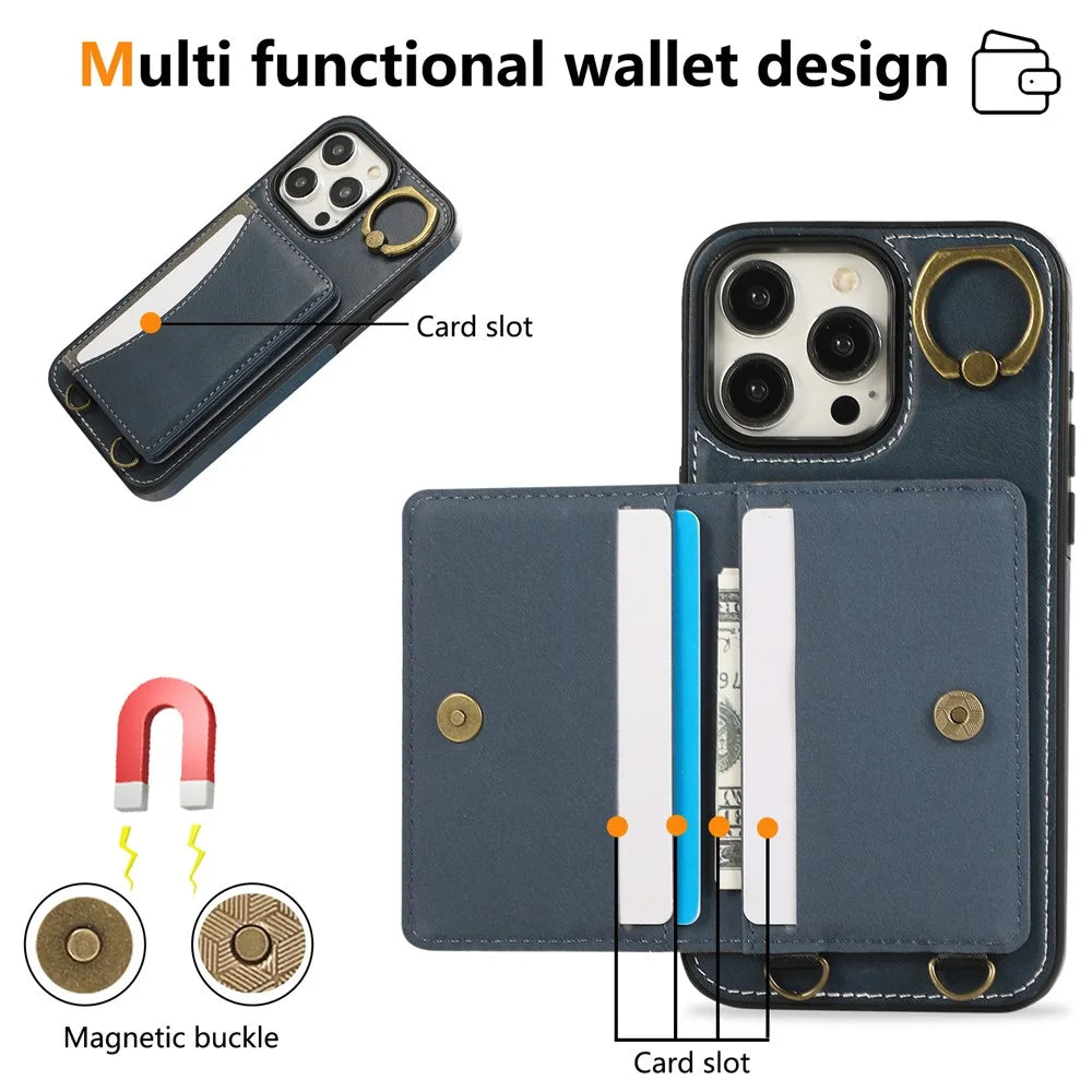 For iPhone 14 Pro PU Leather Back Case Card Holder Kickstand Phone Cover with Wrist Strap - Blue - 7