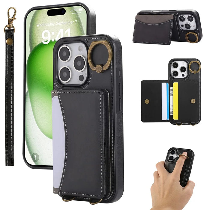 For iPhone 16 Pro Max PU Leather Back Case Card Holder Kickstand Phone Cover with Wrist Strap - Black - 1