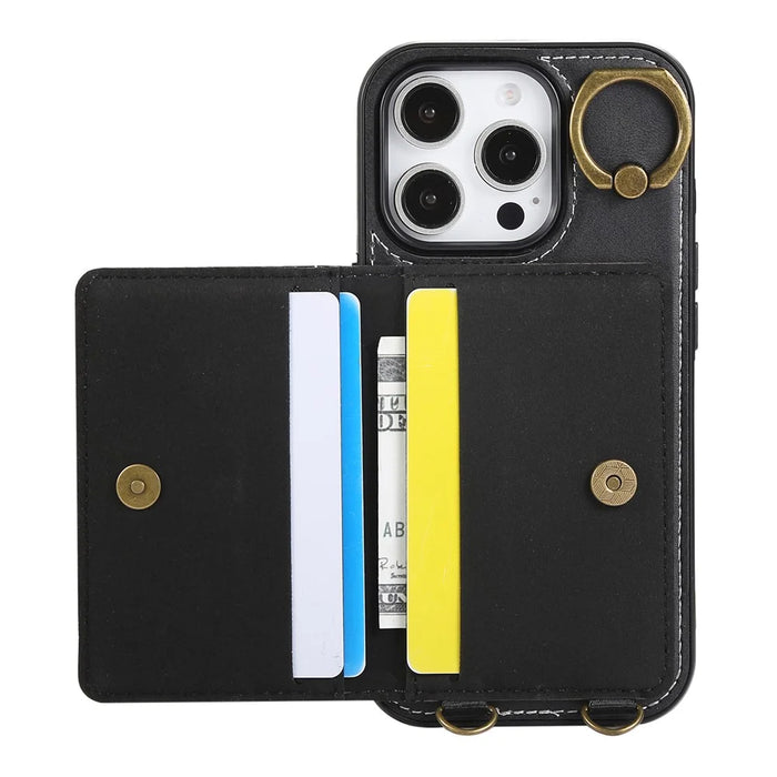 For iPhone 16 Pro Max PU Leather Back Case Card Holder Kickstand Phone Cover with Wrist Strap - Black - 2