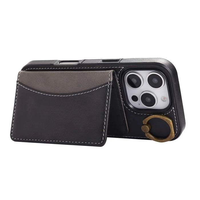For iPhone 16 Pro Max PU Leather Back Case Card Holder Kickstand Phone Cover with Wrist Strap - Black - 3
