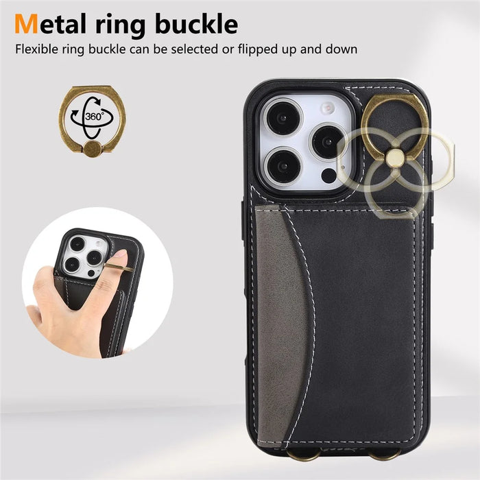 For iPhone 16 Pro Max PU Leather Back Case Card Holder Kickstand Phone Cover with Wrist Strap - Black - 5