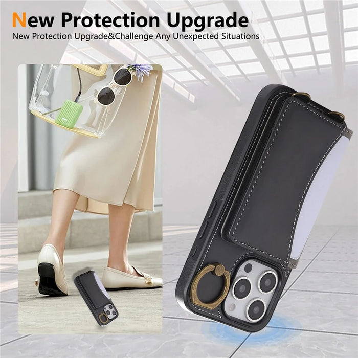 For iPhone 16 Pro Max PU Leather Back Case Card Holder Kickstand Phone Cover with Wrist Strap - Black - 6