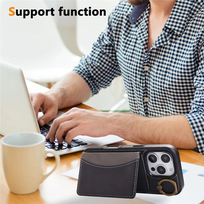 For iPhone 16 Pro Max PU Leather Back Case Card Holder Kickstand Phone Cover with Wrist Strap - Black - 7