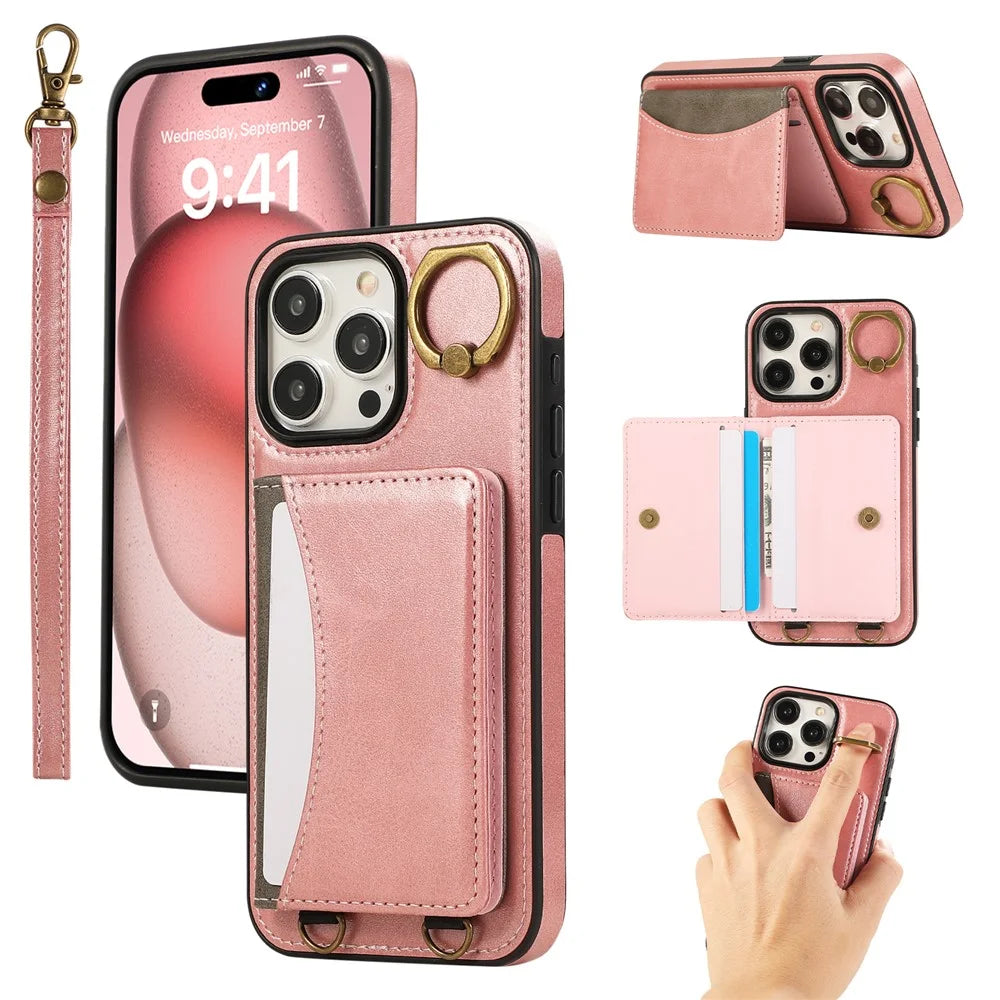 For iPhone 15 Pro Max PU Leather Back Case Card Holder Kickstand Phone Cover with Wrist Strap - Pink - 1