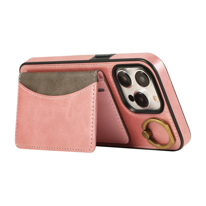 For iPhone 15 Pro Max PU Leather Back Case Card Holder Kickstand Phone Cover with Wrist Strap - Pink - 3