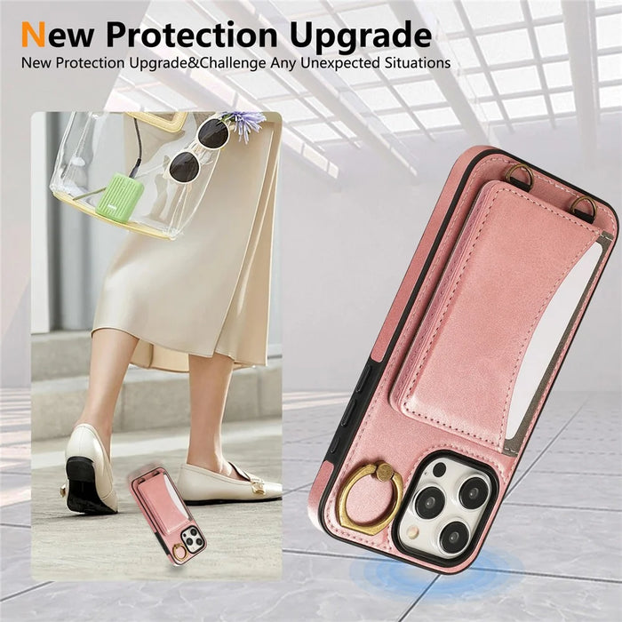 For iPhone 15 Pro Max PU Leather Back Case Card Holder Kickstand Phone Cover with Wrist Strap - Pink - 5