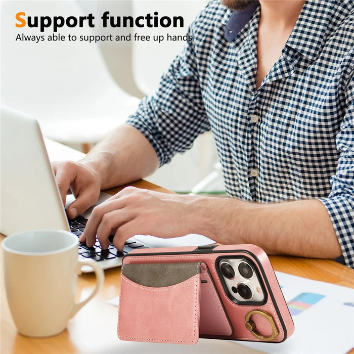 For iPhone 15 Pro Max PU Leather Back Case Card Holder Kickstand Phone Cover with Wrist Strap - Pink - 6