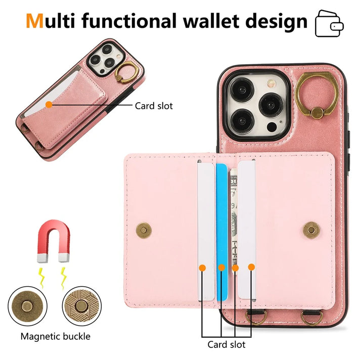 For iPhone 15 Pro Max PU Leather Back Case Card Holder Kickstand Phone Cover with Wrist Strap - Pink - 7