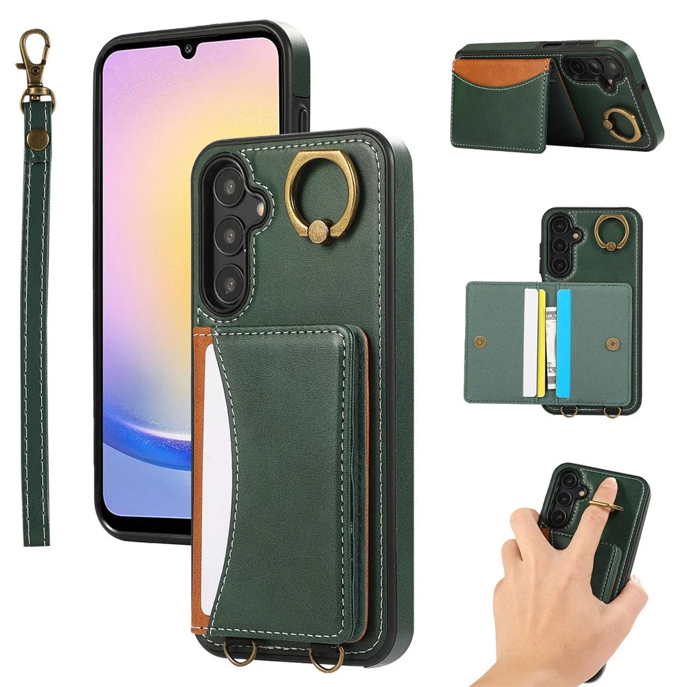 For Samsung Galaxy A05s 4G PU Leather Back Case Card Holder Kickstand Phone Cover with Wrist Strap - Green - 1