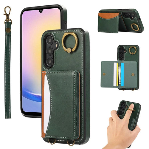 For Samsung Galaxy A05s 4G PU Leather Back Case Card Holder Kickstand Phone Cover with Wrist Strap - Green - 1