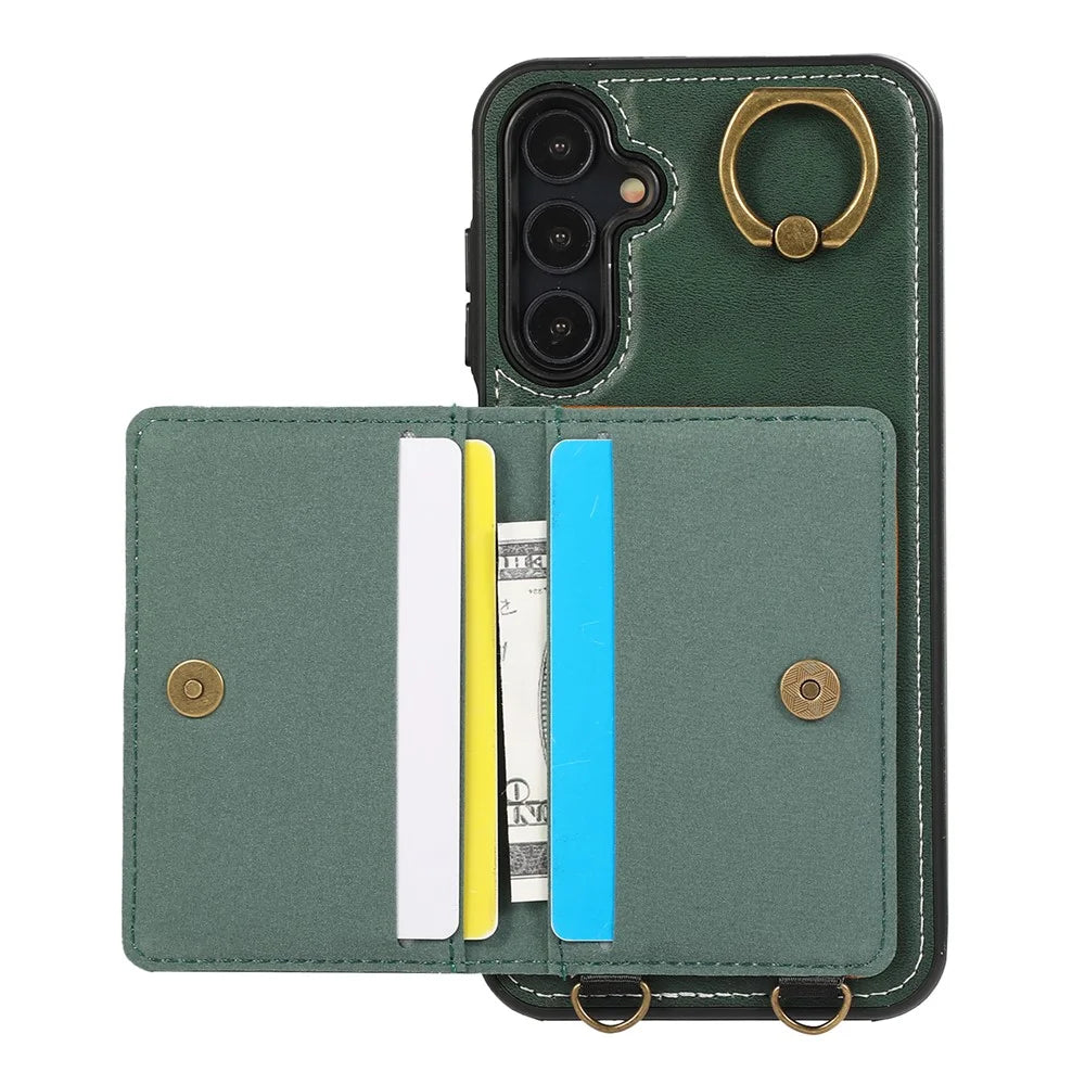 For Samsung Galaxy A05s 4G PU Leather Back Case Card Holder Kickstand Phone Cover with Wrist Strap - Green - 2