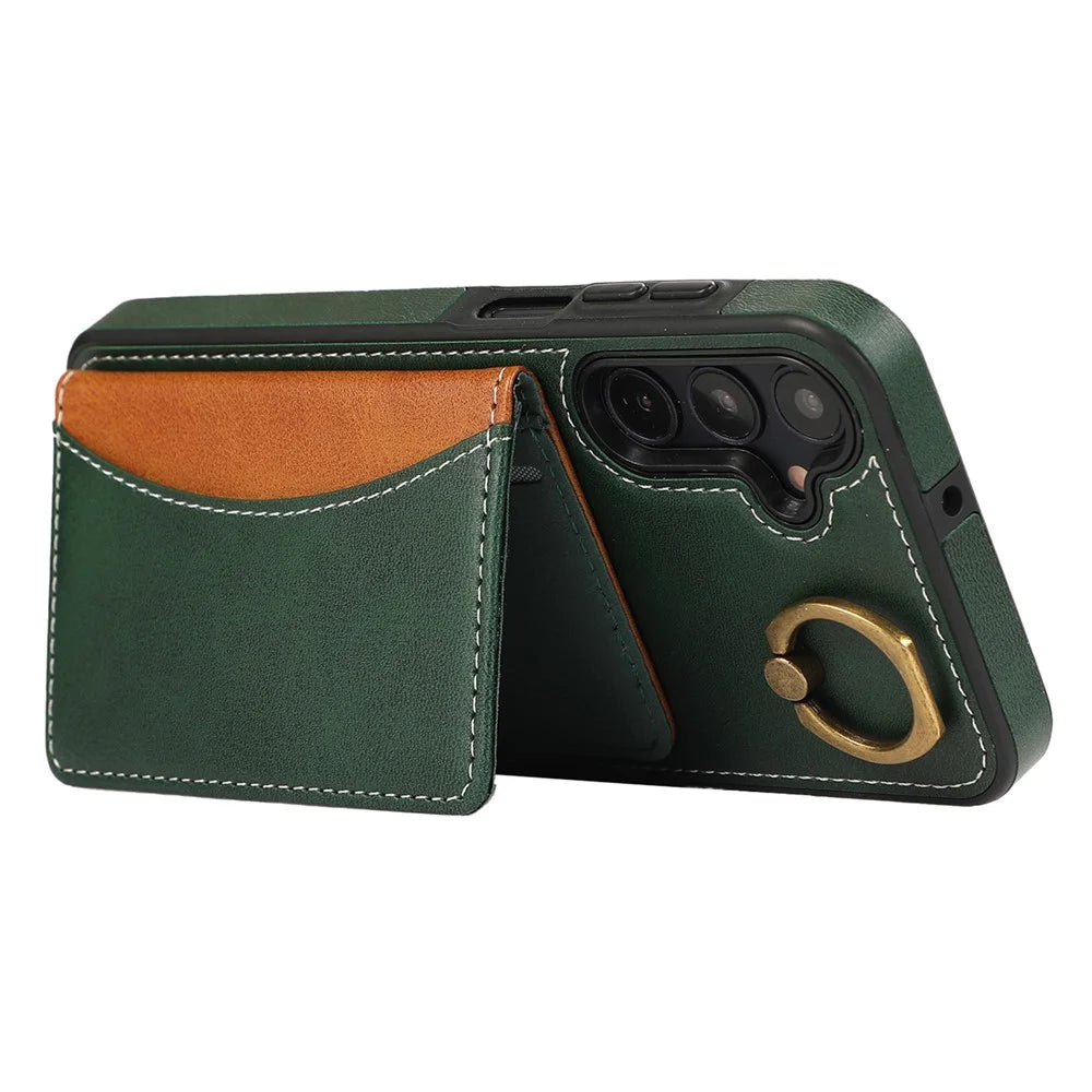 For Samsung Galaxy A05s 4G PU Leather Back Case Card Holder Kickstand Phone Cover with Wrist Strap - Green - 3