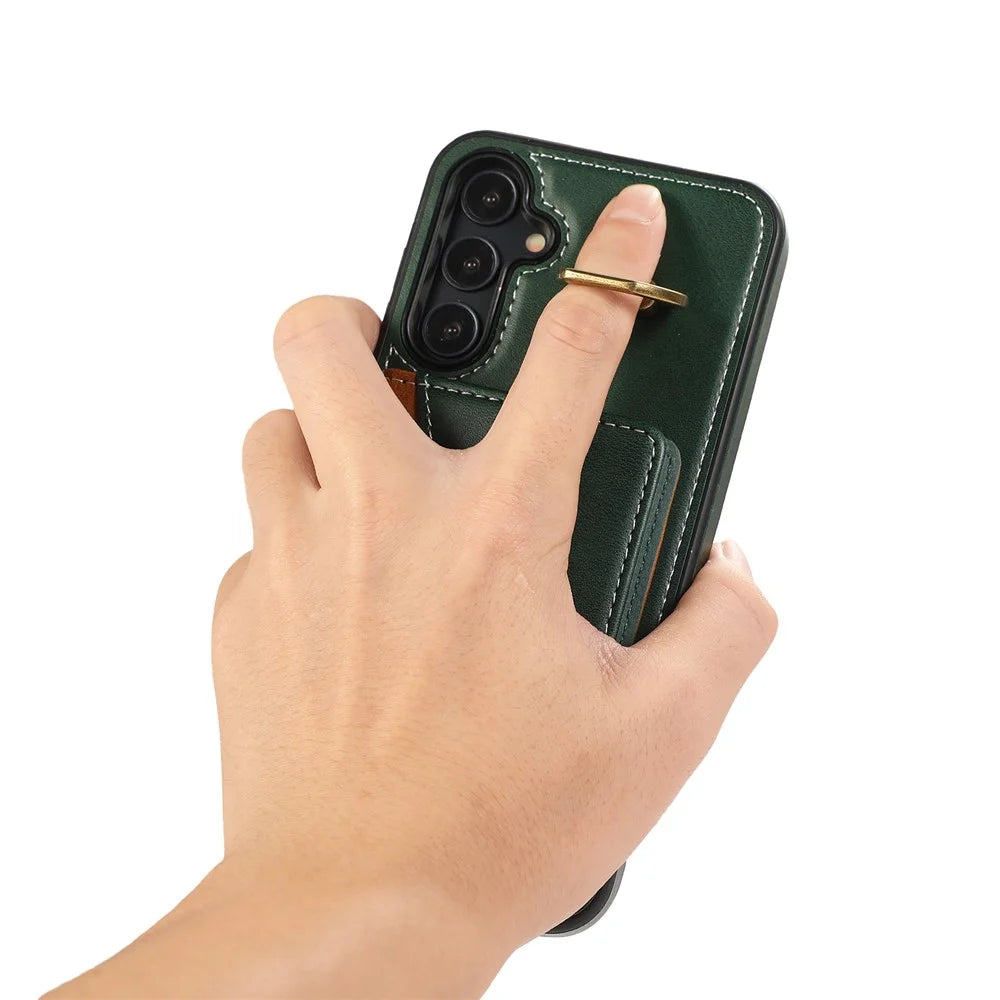 For Samsung Galaxy A05s 4G PU Leather Back Case Card Holder Kickstand Phone Cover with Wrist Strap - Green - 4