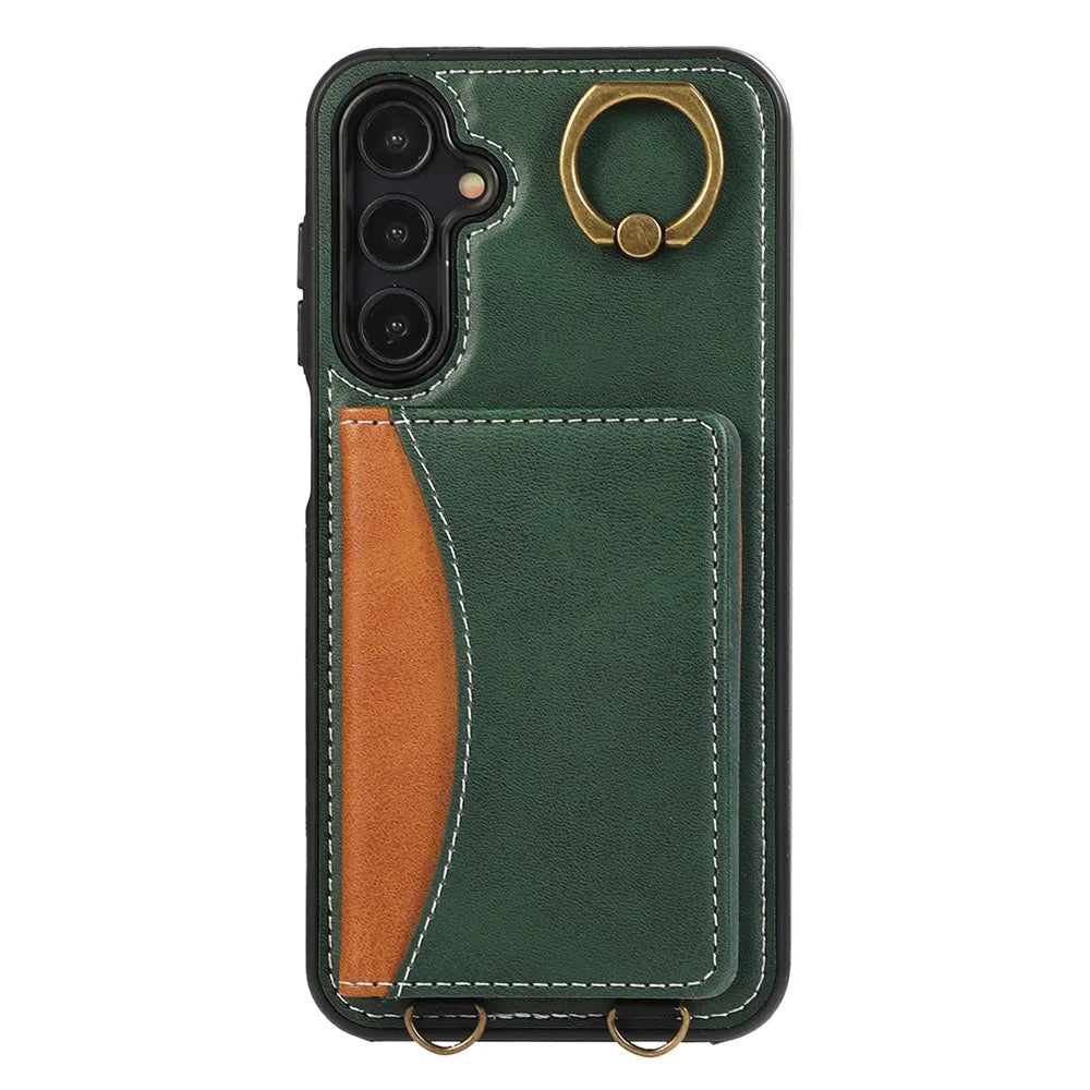 For Samsung Galaxy A05s 4G PU Leather Back Case Card Holder Kickstand Phone Cover with Wrist Strap - Green - 5