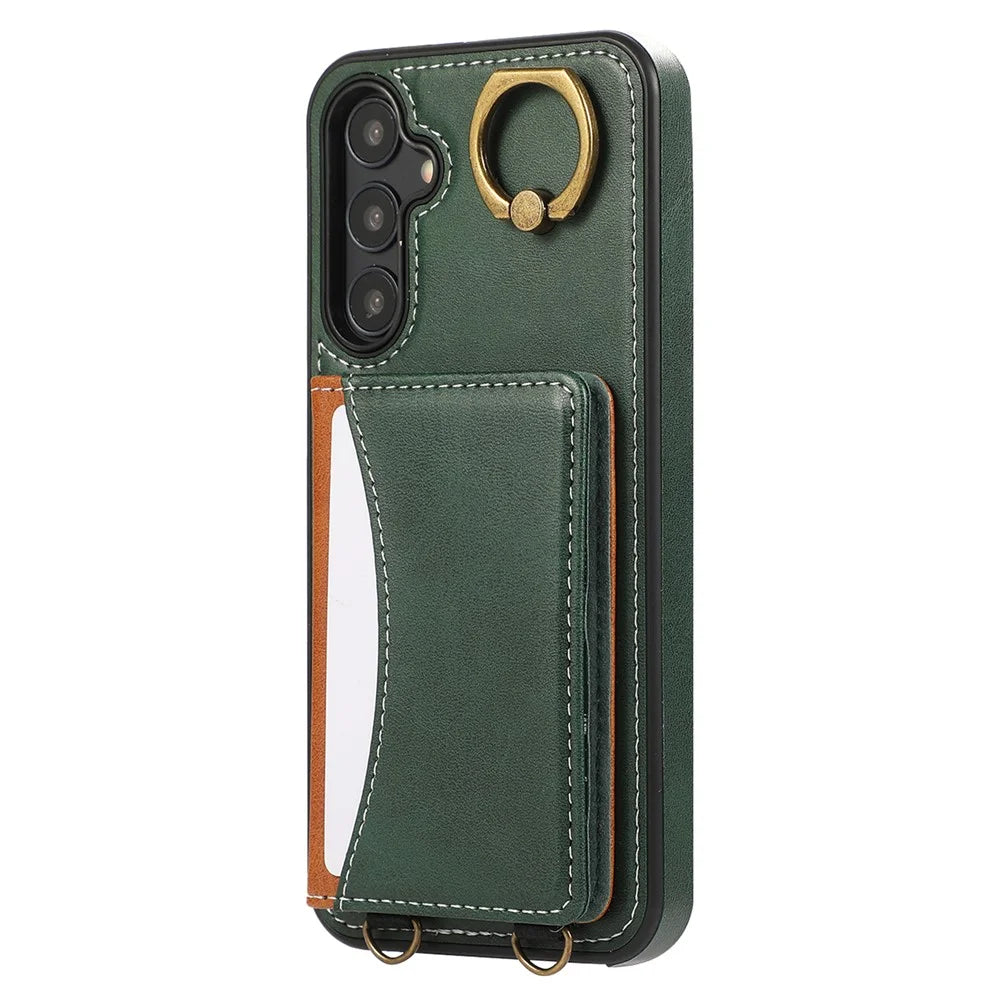 For Samsung Galaxy A05s 4G PU Leather Back Case Card Holder Kickstand Phone Cover with Wrist Strap - Green - 7